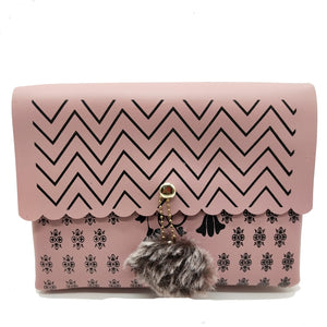 Women's Indian Sling Bag With Zig Zag Print Fur Ball Design - myStore20202019